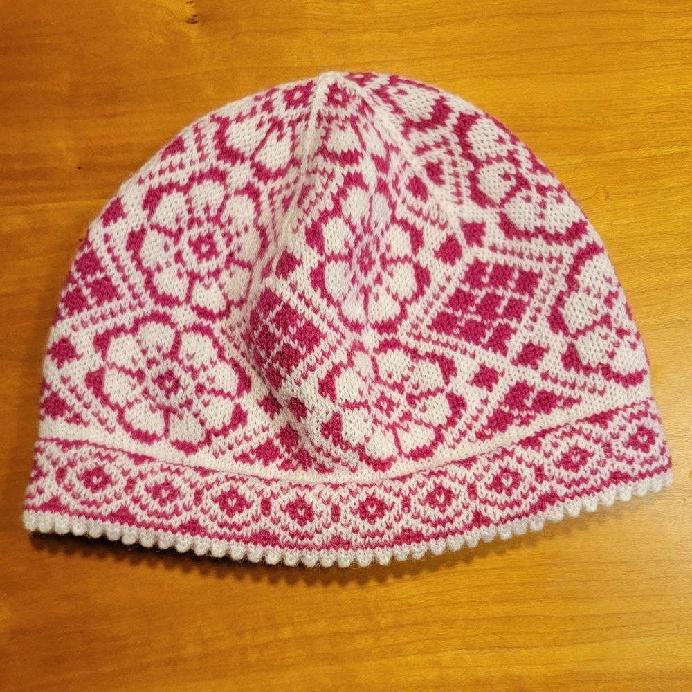 Hand Crafted Handmade Hand Knit Flower Beanie Hat with Picot Edging - Adult Size